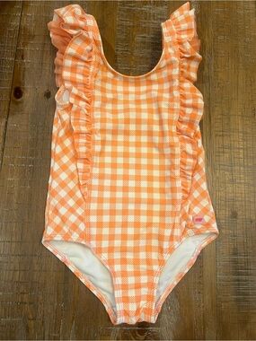 RuffleButts Kids Orange Gingham Ruffle One-Piece Swimsuit - (Brand)